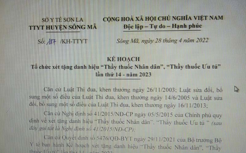 Kế hoạch số 187/KH-TTYT, ngày 28/4/2022 của Trung tâm Y tế huyện Sông Mã 